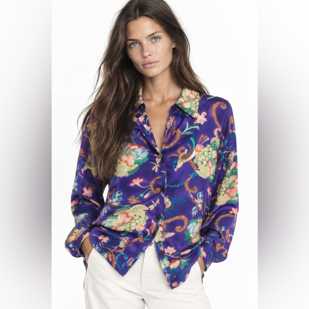 DVF Silk! Rare Vintage Purple Bird Print Button Down Shirt Large 70’s